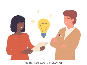 Employees with creative idea, woman and man with document and bright light bulb vector illustration