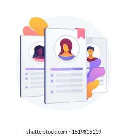 Employees CV, candidates resume. Corporate workers, students ID isolate flat design element. Job applications, avatars, personal information. Vector isolated concept metaphor illustration