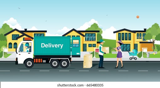 Employees deliver products to female customers at home.