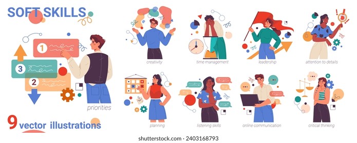 Employees demonstrating soft skills at work during projects. Vector flat cartoon character, isolated managers and leaders working on tasks. Qualities of good employee and staff in organization