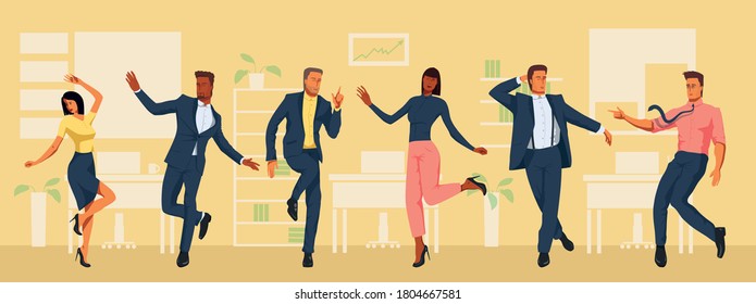 Employees of different age and ethnicity in business suits are having fun and standing in variable dancing poses in the office space. Elegant business men and women in Formal Suit. Team work.