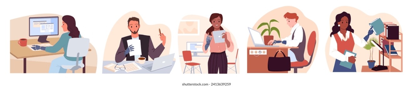 Employees with disability working in office set vector illustration. Cartoon isolated scenes with man and woman with prosthetic arms at workplace, accessibility of work for person with special needs