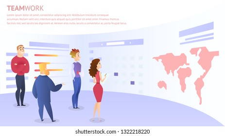 Employees Discuss Idea For Web Project Development Near Huge Screen With World Map. Teamwork Inscription, Horizontal Rectangle Banner, Copy Space. Office Life, Modern Flat Cartoon Vector Illustration