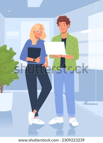 Employees discuss tasks and new projects while standing in the office. Colleagues are working. Vector illustration in flat style