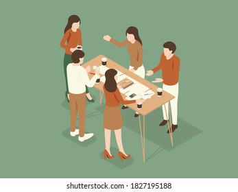 Employees discussed in the meeting. Isometric Illustration about meeting on the table.