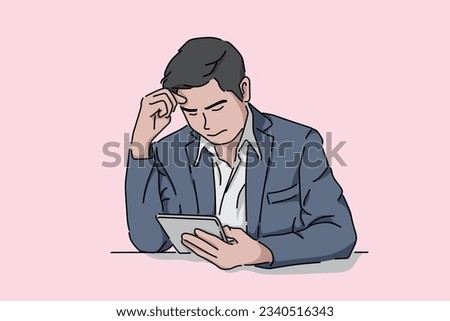 Employees are dizzy thinking about something. Employees using tablets. Flat image