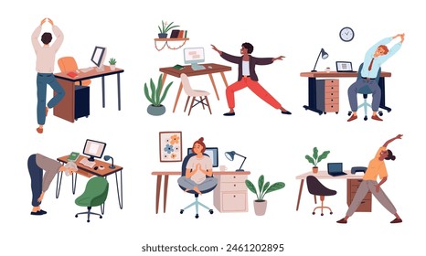 Employees do stretching at workplace. Office sport training. Kneading body exercises. People take care of health. Meditation at computer desk. Fitness for workers. Garish