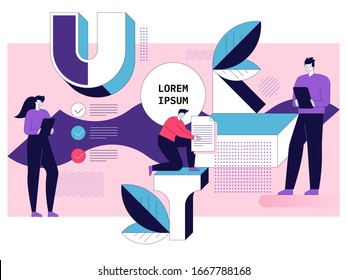 Employees do work tasks, write reports, present the project. Vector concept of teamwork, workflow, team building and business partnership. Trendy modern geometric shapes and memphis style for banner