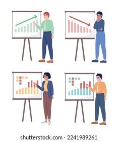 Employees doing presentations semi flat color vector characters set. Editable figures. Full body people on white. Business simple cartoon style illustrations pack for web graphic design and animation