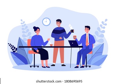 Employees drinking coffee together. Office workers enjoying morning coffee break flat vector illustration. Communication, colleagues meeting concept for banner, website design or landing web page