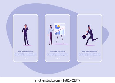 Employees efficiency set. Lazy worker late for work, sleeping at workplace, meeting room. Flat vector illustrations. Useless manager, failure concept for banner, website design or landing web page