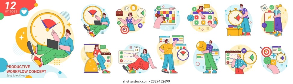 Employees efficiency and workflow productivity. Vector flat flat cartoon characters working on laptops, scheduling meeting and completing projects in deadline time frames