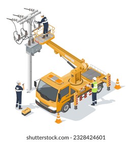 employees electric power and engineer maintenance working electrical wires line use Yellow Medium boom lift truck isometric isolated vector