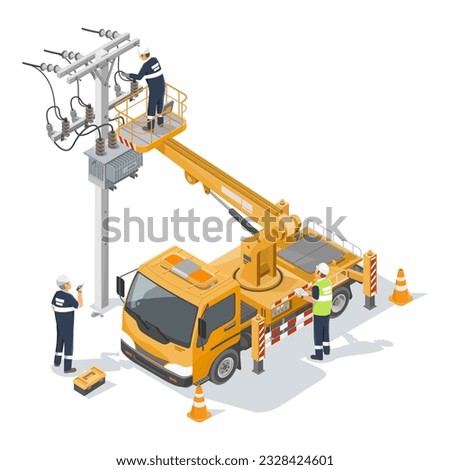 employees electric power and engineer maintenance working electrical wires line use Yellow Medium boom lift truck isometric isolated vector