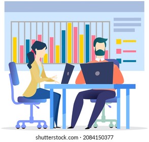Employees entrepreneurs working at office desks. Business team sitting with laptop surfing internet. Group of managers uses computers, modern technologies for work. Clerks, office workers at workplace