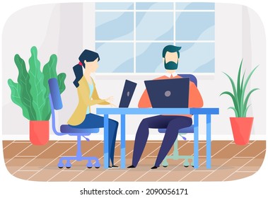 Employees entrepreneurs working at office desks. Business team sitting with laptop surfing internet. Group of managers uses computers, modern technologies for work. Clerks, office workers at workplace