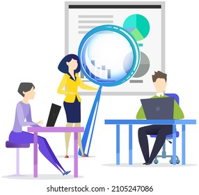 Employees entrepreneurs working with statistics in office. Business team surfing internet, brainstorming, coworking. Group of managers uses computers, magnifier to enlarge statistical report