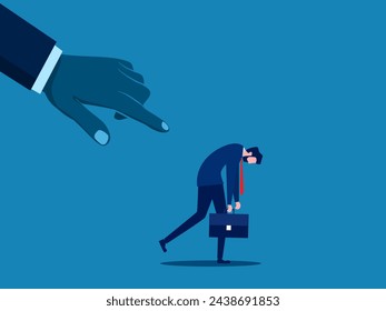 Employees are exhausted. Big hand points and scolds depressed businessman employee 