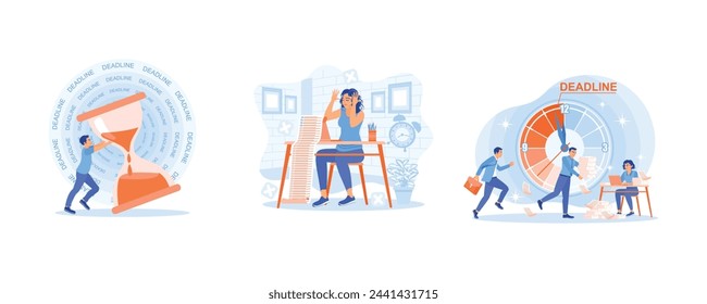 Employees extend deadlines. Panic because many tasks must be completed. People work hard before the deadline. Deadline concept. Set flat vector illustration.
