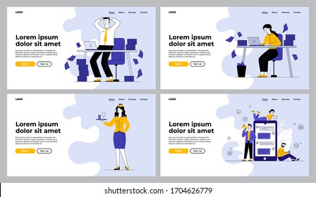 Employees failing paperwork set. Stewardess carrying drinks, social media marketing. Flat vector illustrations. Business, management, service concept for banner, website design or landing web page