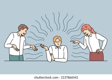 Employees fight quarrel with selfish male colleague in office. Coworkers or businesspeople work argue in unhealthy workplace environment. Teamwork problems. Vector illustration. 