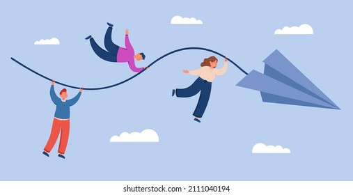 Employees flying ahead on paper airplane to business goal. Journey of tiny people hanging on rope to tomorrow among clouds in sky flat vector illustration. Challenge, achievement, leadership concept