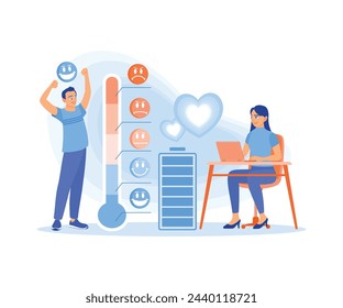 Employees with fully charged energy batteries work enthusiastically. Good mood indicator. Stress concept. Flat vector illustration.