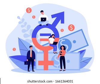 Employees gender salary equality. Business people with laptop working at cash and equal sign. Vector illustration for social respect, discrimination, diversity concept