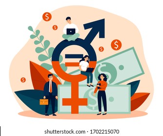 Employees gender salary equality. Business people with laptop working at cash and equal sign. Vector illustration for social respect, discrimination, diversity concept