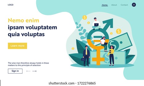 Employees gender salary equality. Business people with laptop working at cash and equal sign. Vector illustration for social respect, discrimination, diversity concept