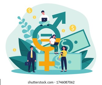 Employees gender salary equality. Business people with laptop working at cash and equal sign. Vector illustration for social respect, discrimination, diversity concept