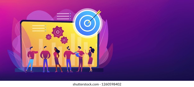 Employees get organizational goals and feedback. Performance management, management software, employee productivity and performance tracking concept. Header or footer banner template with copy space.