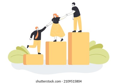 Employees giving hands and help to colleagues to walk upstairs. Mentor or leader and his team growing together flat vector illustration. Leadership, teamwork, mentorship, cooperation concept