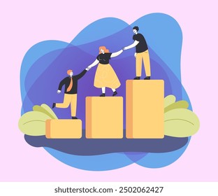 Employees giving hands and help to colleagues to walk upstairs. Mentor or leader and his team growing together flat vector illustration. Leadership, teamwork, mentorship, cooperation concept