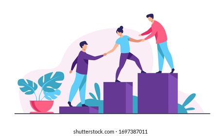 Employees giving hands and helping colleagues to walk upstairs. Team giving support, growing together. Vector illustration for teamwork, mentorship, cooperation concept