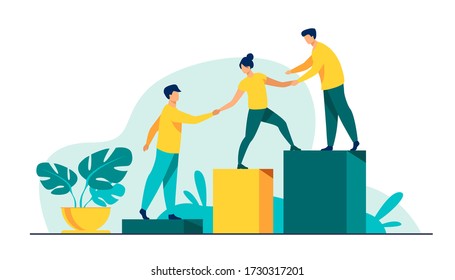 Employees giving hands and helping colleagues to walk upstairs. Team giving support, growing together. Vector illustration for teamwork, mentorship, cooperation concept