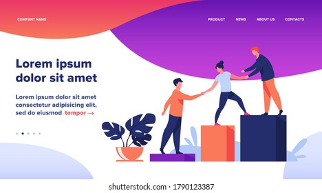 Employees giving hands and helping colleagues to walk upstairs. Team giving support, growing together. Vector illustration for teamwork, mentorship, cooperation concept