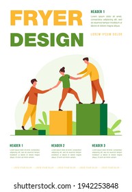 Employees giving hands and helping colleagues to walk upstairs. Team giving support, growing together. Vector illustration for teamwork, mentorship, cooperation concept