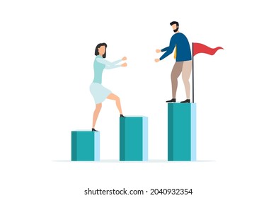 Employees giving hands and helping colleagues to walk upstairs. Team giving support, growing together. Vector illustration for teamwork, cooperation concept.