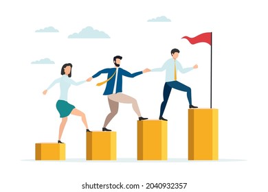 Employees giving hands and helping colleagues to walk upstairs. Team giving support, growing together. Vector illustration for teamwork, cooperation concept.