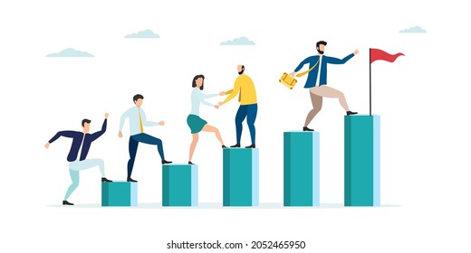 Employees giving hands and helping colleagues to walk upstairs. Team giving support, growing together. Vector illustration for teamwork, cooperation concept.