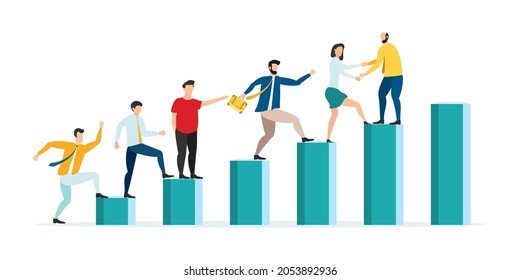 Employees giving hands and helping colleagues to walk upstairs. Team giving support, growing together. Vector illustration for teamwork, mentorship, cooperation concept.