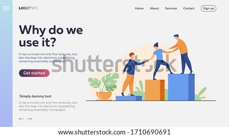 Employees giving hands and helping colleagues to walk upstairs. Team giving support, growing together. Vector illustration for teamwork, mentorship, cooperation concept