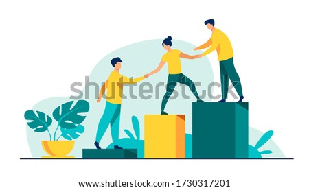 Employees giving hands and helping colleagues to walk upstairs. Team giving support, growing together. Vector illustration for teamwork, mentorship, cooperation concept