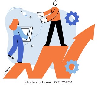 Employees giving support and help each other, people standing on career ladder. Business team working together for success and growing. Corporate relations and cooperation, goal orientation concept