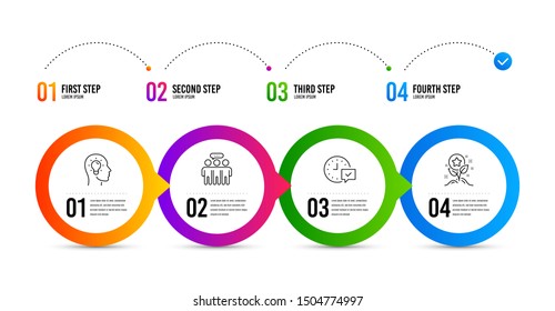 Employees group, Select alarm and Idea head line icons set. Timeline infographic. Loyalty points sign. Collaboration, Time symbol, Lightbulb. Bonus grows. Technology set. Employees group icon. Vector
