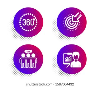 Employees group, Targeting and 360 degrees icons simple set. Halftone dots button. Presentation sign. Collaboration, Click, Panoramic view. Education board. Science set. Vector