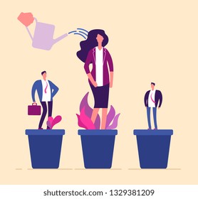 Employees growth. Business professional people in flowerpot development training growing management career human resources vector