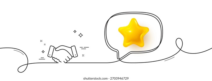 Icono de línea de saludo de los empleados. Línea continua con estrella 3D. Señal de gesto de la mano. Símbolo de la palma de la oferta del negocio. Estrella 3D en la burbuja del discurso. Cinta de línea única del apretón de manos de los empleados. Patrón de curva de bucle. Vector