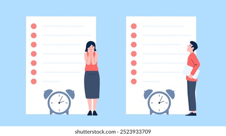 Os funcionários têm muitas tarefas. Homem mulher assustada e intrigada para fazer lista. Trabalhadores de escritório, estudantes antes do exame ou em estudo. Caracteres de vetor de negócios simples